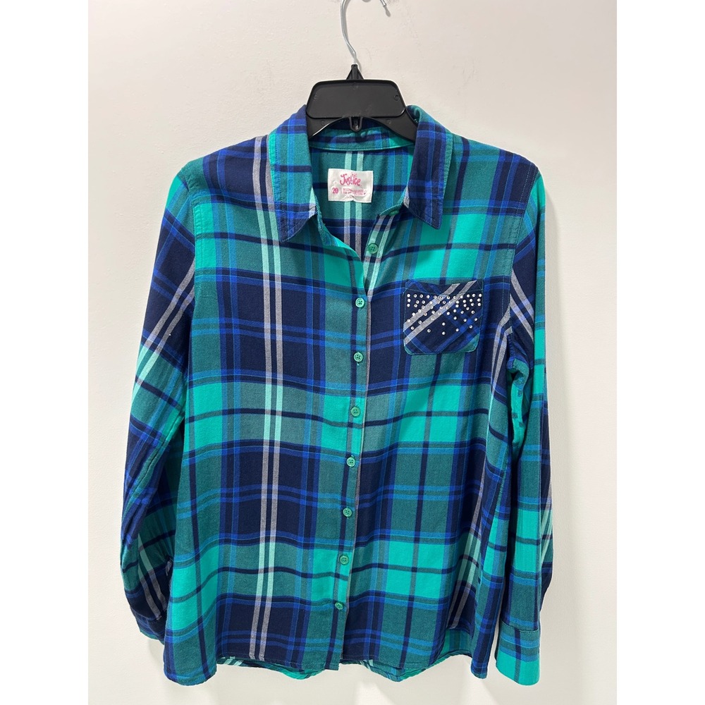 Justice Teal Blue Plaid Rhinestone Pocket Button Down Flannel Shirt Size Small